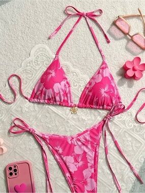 Pink Floral Tie-Side Bikini Set